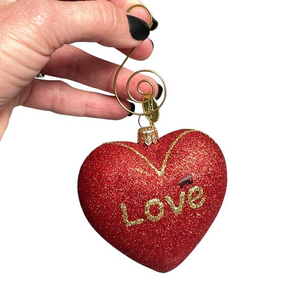 Vintage Landmark Creations Glass Ornament Heart Red Glitter Love Hand Blown - Picture 2 of 16